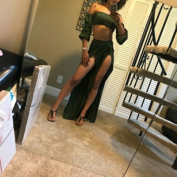 Strapless Bandeau 2 Piece Set High Slit Pants - Picture 2 of 6